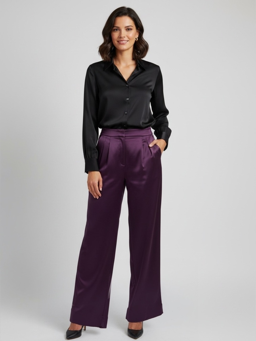 Banana Republic Factory Silky Pleated Wide-Leg Satin Pant Purple Size 12